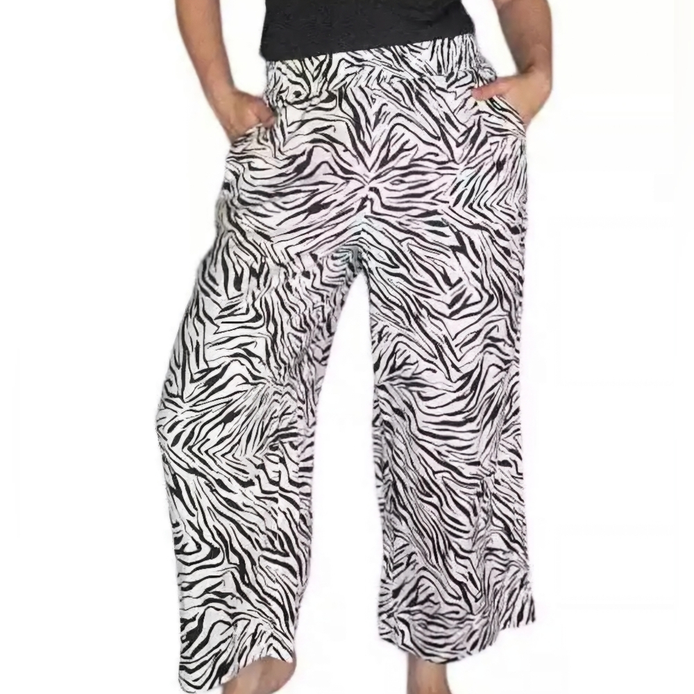 Zebra Print 100% Linen Nicole Miller Wide Leg Beachy Pants Women's Size Small